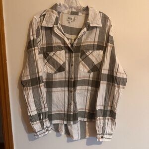 BKE Oversized Casual Plaid Shirt - White and Green